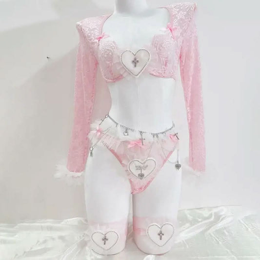 Long sleeve sweetheart pattern lace bowknot short pant set