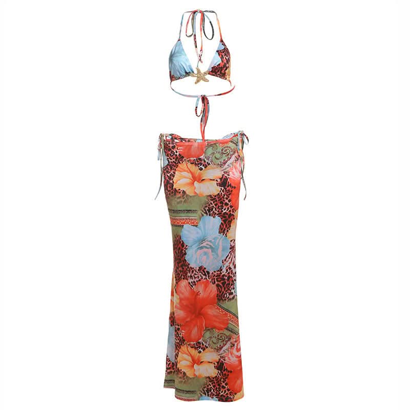 Self tie halter flower print 3 piece maxi skirt set