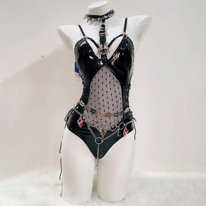 PU leather spider applique hollow out cami bodysuit