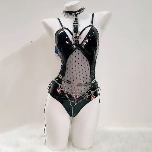 PU leather spider applique hollow out cami bodysuit
