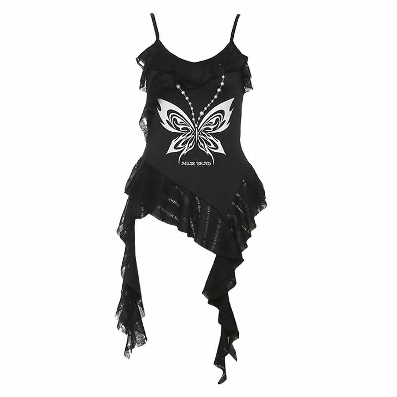 Ruffle v neck butterfly pattern irregular cami top