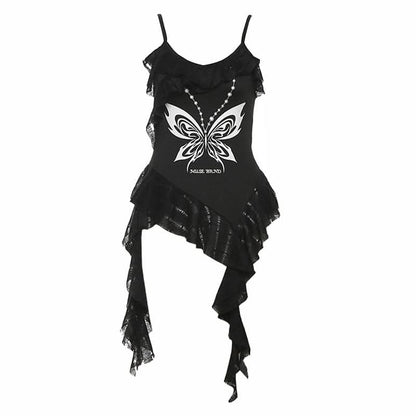 Ruffle v neck butterfly pattern irregular cami top