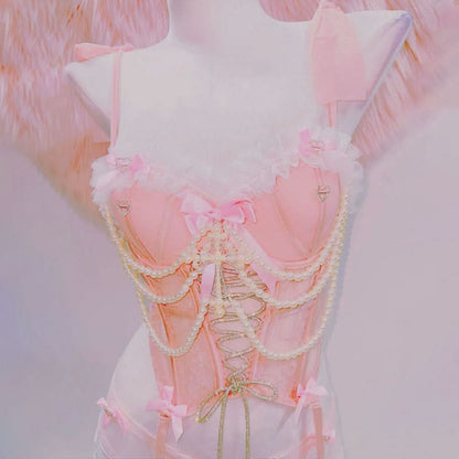 Bowknot beaded lace up v neck cami top