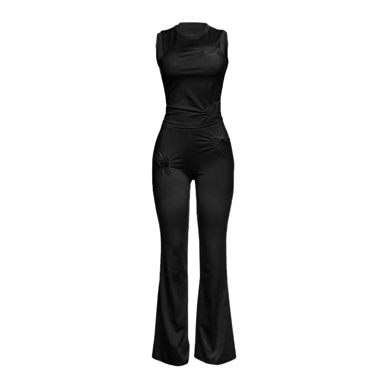 Crewneck heart hollow out ruched pant set