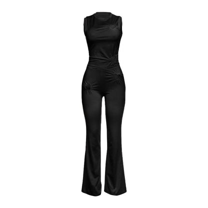 Crewneck heart hollow out ruched pant set