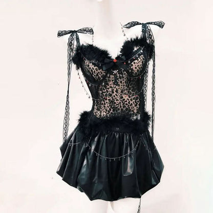 Fluffy lace hem self tie bowknot mini skirt set