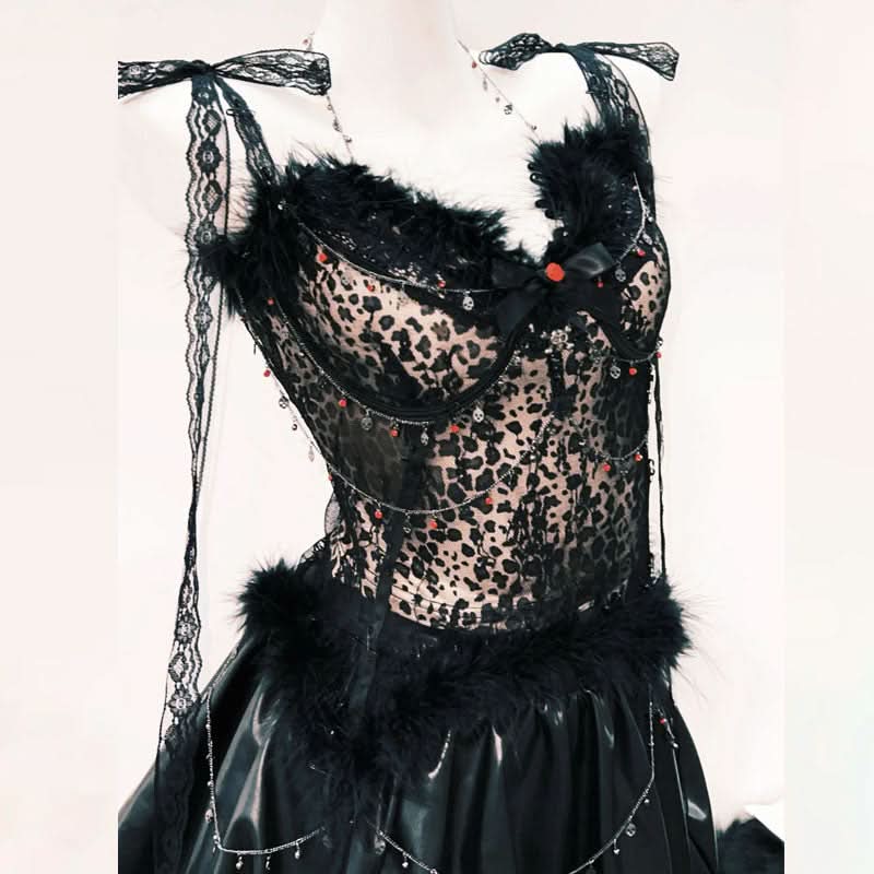 Fluffy lace hem self tie bowknot mini skirt set