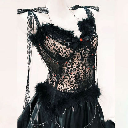 Fluffy lace hem self tie bowknot mini skirt set