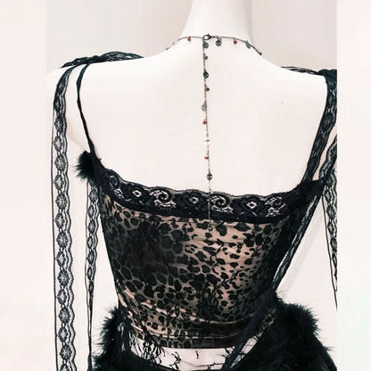 Fluffy lace hem self tie bowknot mini skirt set