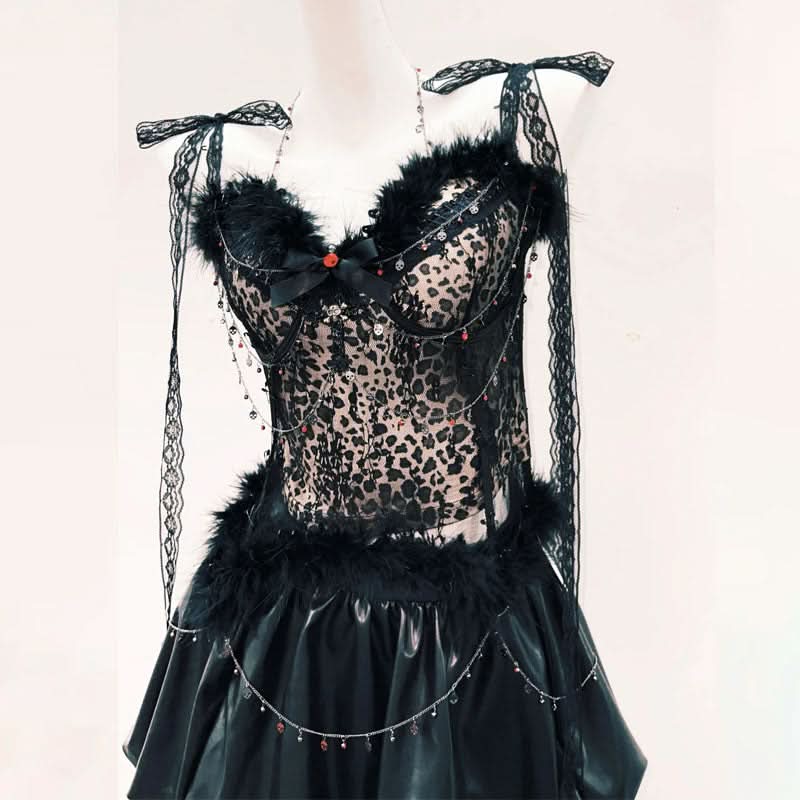 Fluffy lace hem self tie bowknot mini skirt set