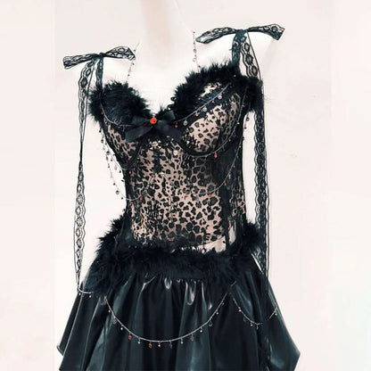 Fluffy lace hem self tie bowknot mini skirt set