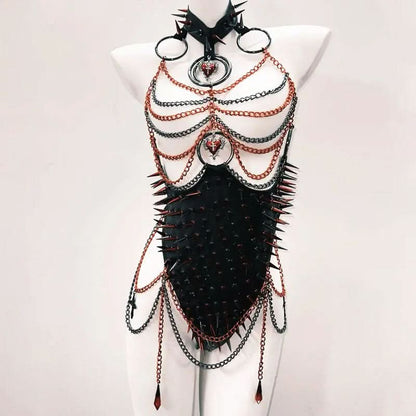 Metal chain o ring halter rivet applique bodysuit