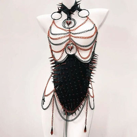 Metal chain o ring halter rivet applique bodysuit