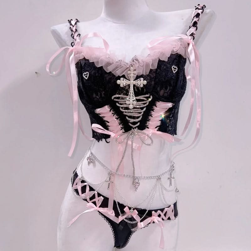 Bowknot ribbon lace up v neck cami pant set