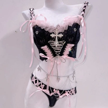 Bowknot ribbon lace up v neck cami pant set