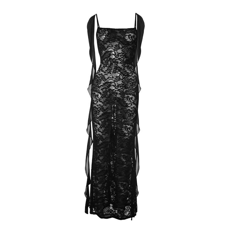 Square neck lace flower applique midi dress