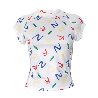 Crewneck cap sleeve print stitch ruched top