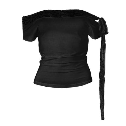 Off shoulder lace hem self tie irregular top