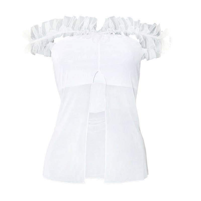 White mesh slit ruffle off shoulder top