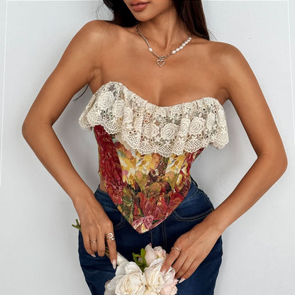 Lace hem lace up print backless tube top