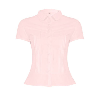 Turnover collar button pleated top