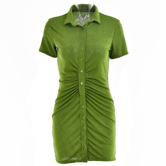 Turnover collar short sleeve ruched button mini dress