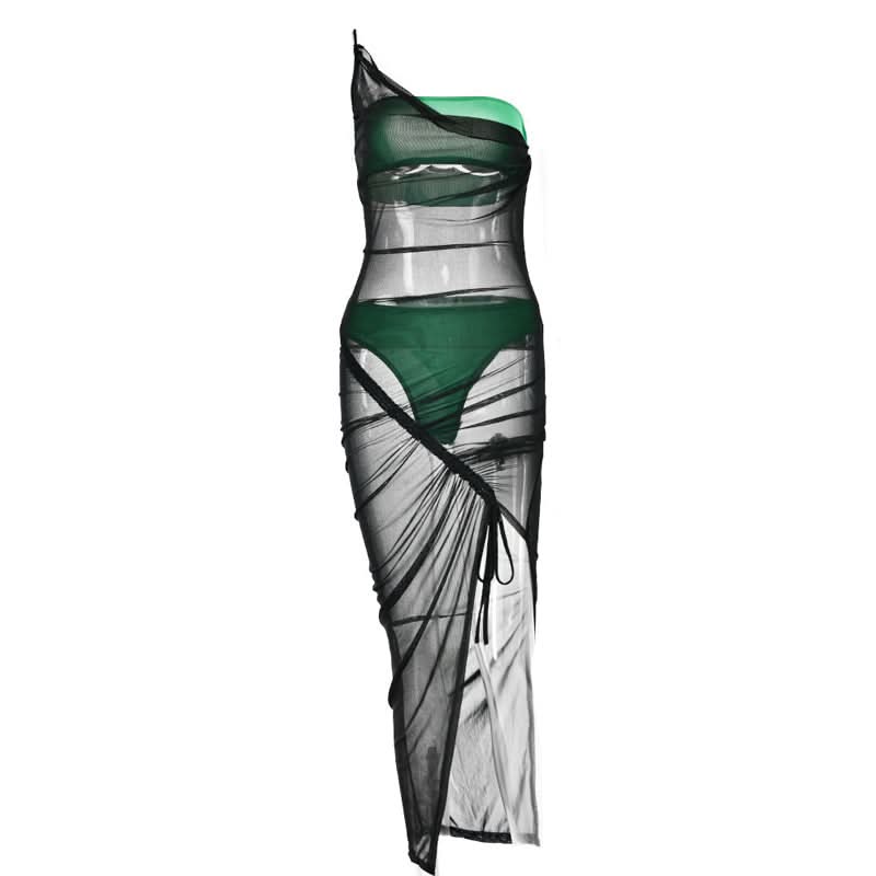 Drawstring mesh one shoulder 3 piece tube short pant set
