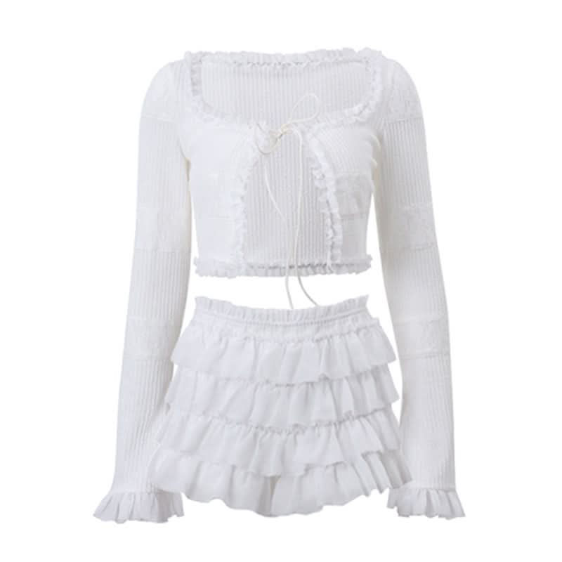 Long sleeve ruffle knitted self tie short pant set