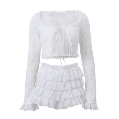 Long sleeve ruffle knitted self tie short pant set