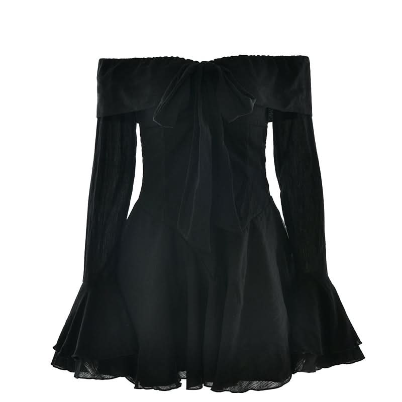 Off shoulder long flared mesh bowknot mini dress