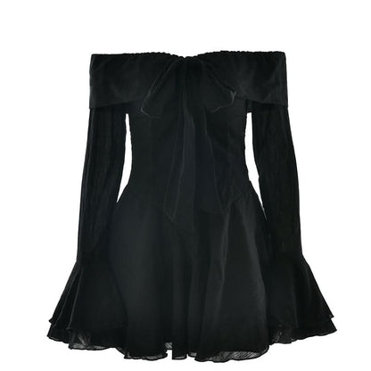 Off shoulder long flared mesh bowknot mini dress