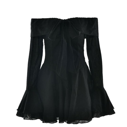 Off shoulder long flared mesh bowknot mini dress