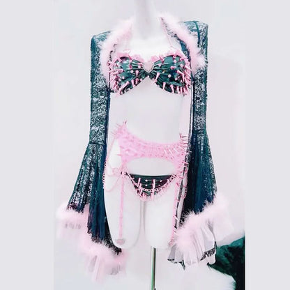 Long sleeve fluffy rivet applique metal chain pant set
