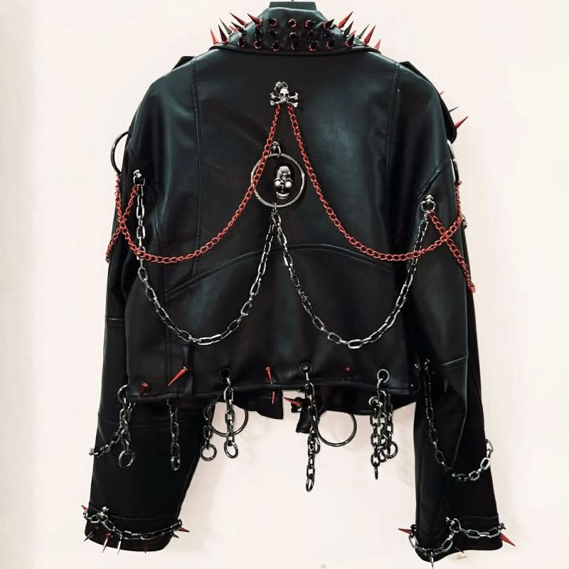 Long sleeve zip-up PU leather metal chain o ring top