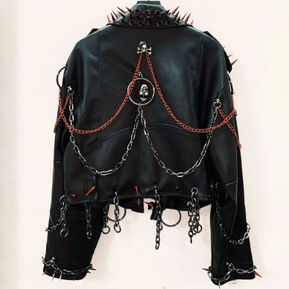 Long sleeve zip-up PU leather metal chain o ring top
