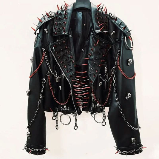 Long sleeve zip-up PU leather metal chain o ring top