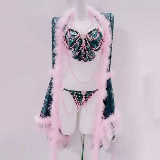 Long sleeve feather metal chain rivet applique pant set