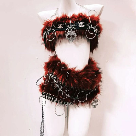 Fluffy o ring skull applique metal chain mini skirt set