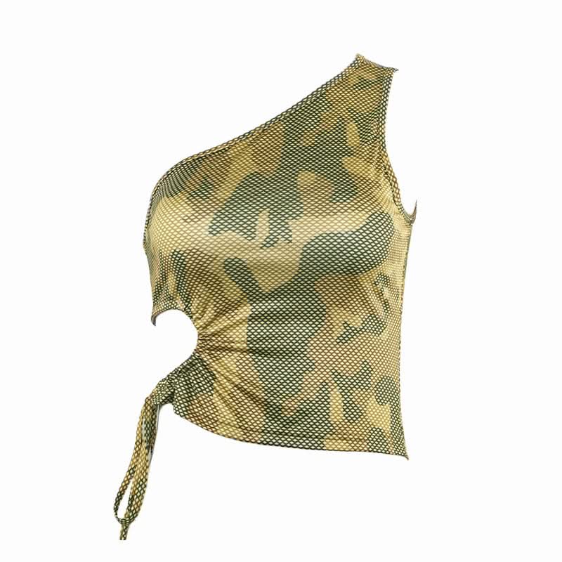 One shoulder hollow out camouflage self tie top
