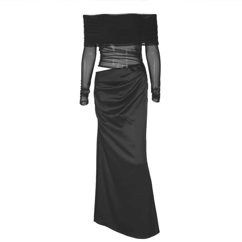 Hollow out off sleeve mesh patchwork maxi dress