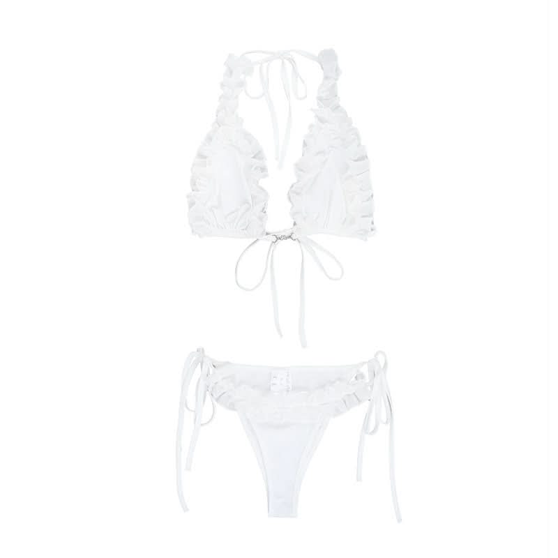 Ruffle self tie halter backless solid pant set