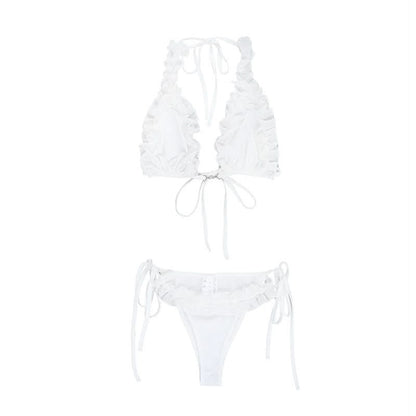 Ruffle self tie halter backless solid pant set