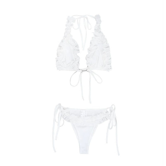 Ruffle self tie halter backless solid pant set