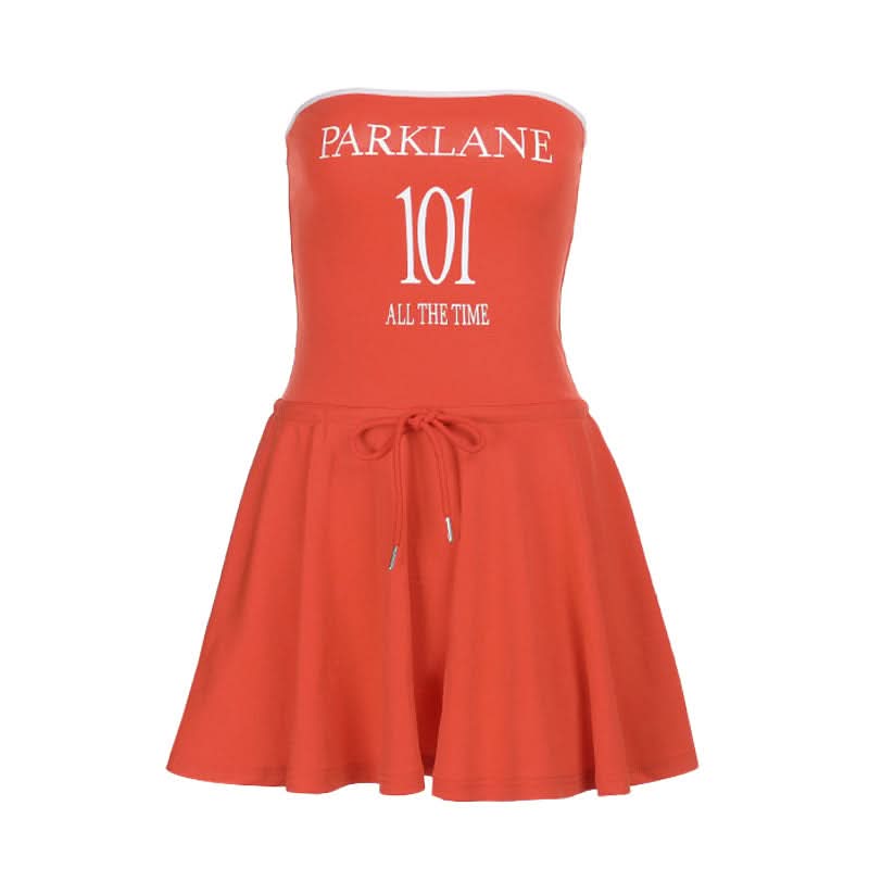Self tie letter pattern backless tube mini dress