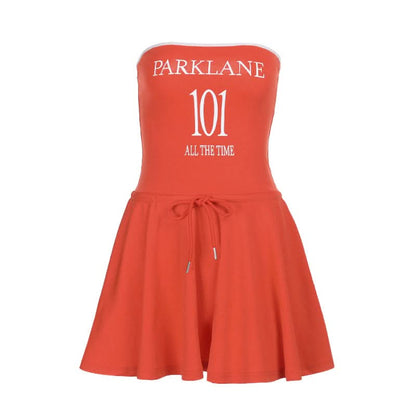 Self tie letter pattern backless tube mini dress