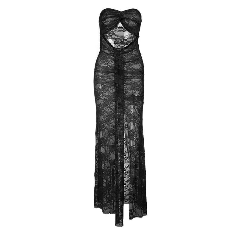 Slit hollow out lace ruched tube maxi dress