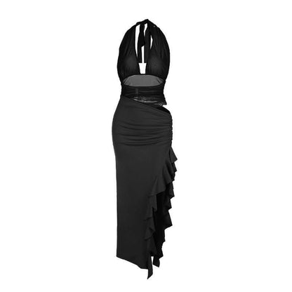 Halter ruffle slit ruched hollow out maxi dress