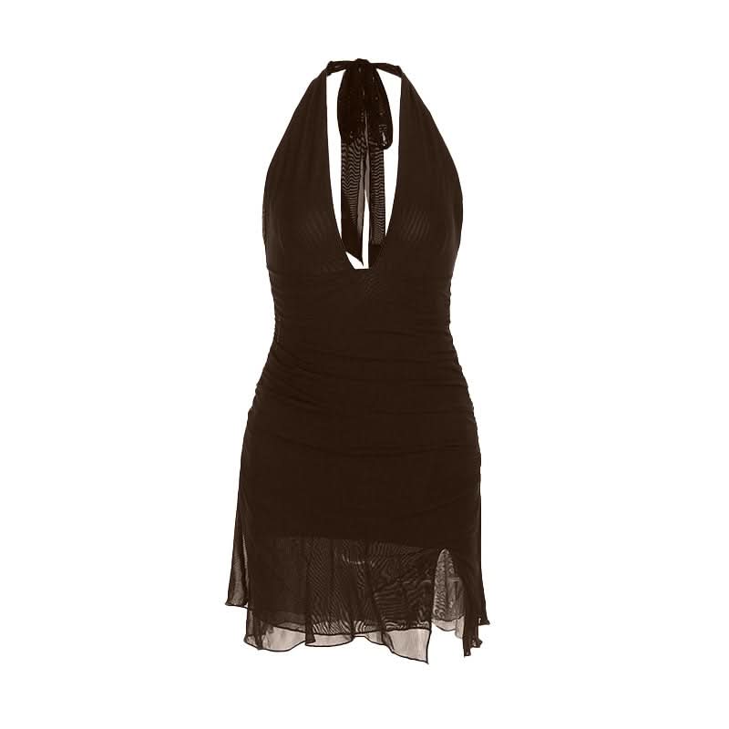 Halter self tie deep v neck slit ruched mini dress