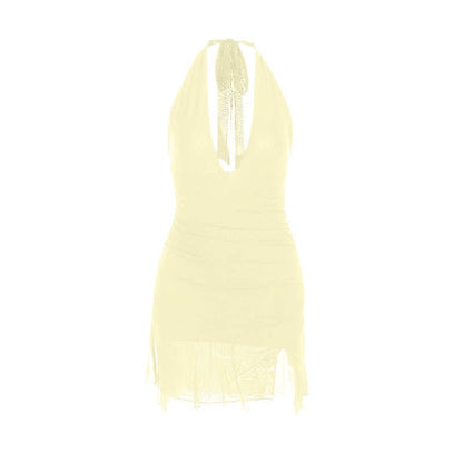 Halter self tie deep v neck slit ruched mini dress