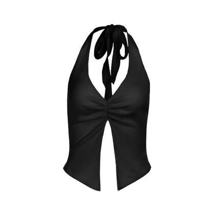 Slit halter self tie v neck solid ruched top